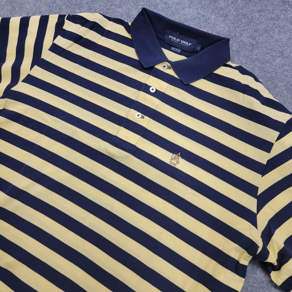 Polo Golf Ralph Lauren Men's L Blue Yellow Striped Polo Shirt GAC Logo